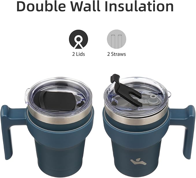 10 oz Tumbler with Handle and 2 Straw 2 Lid, Insulated Water Bottle Stainless Steel Vacuum Cup Reusable Travel Mug, Navy Blue