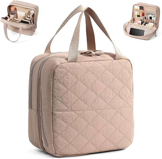 Geerlaqaly standing makeup bag, toiletry Bag 2-in-1 Women's Large Capacity Foldable Travel Makeup Storage Bag, Dry wet separation layer,Portable,khaki by Geelraqaly