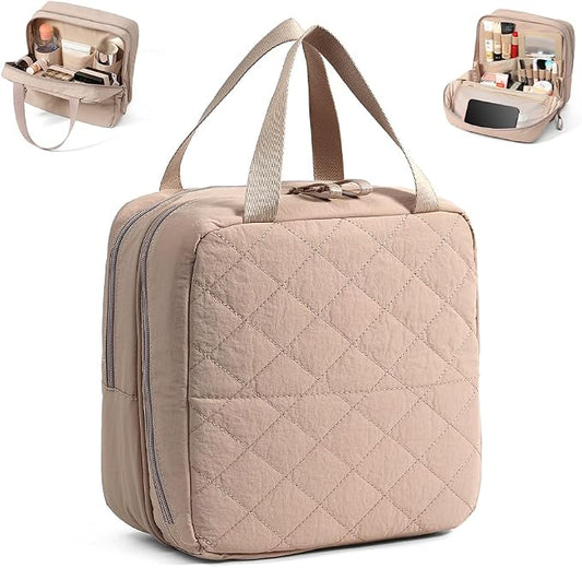 Geerlaqaly standing makeup bag, toiletry Bag 2-in-1 Women's Large Capacity Foldable Travel Makeup Storage Bag, Dry wet separation layer,Portable,khaki by Geelraqaly