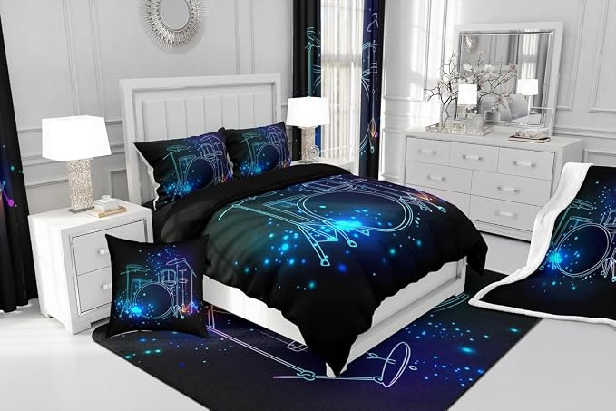Erosebridal Teens Drum Kit Comforter Set, Kids Boys Hip Hop Bedding Set, Rock Music Theme Quilted Duvet Grunge Style Lightweight Down Comforter for Youth Teenage Bedroom Decor, Blue Bedclothes, Queen - Image 8