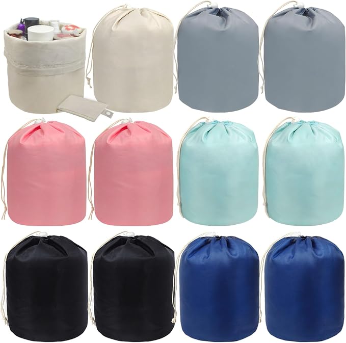INVODA Drawstring Makeup Bag 12PCS Women Cosmetic Bag Bulk Make up Bags Portable Barrel Toiletry Bag Large Toiletries Pouch Travel Cosmetic Organizer (12PCS) by INVODA