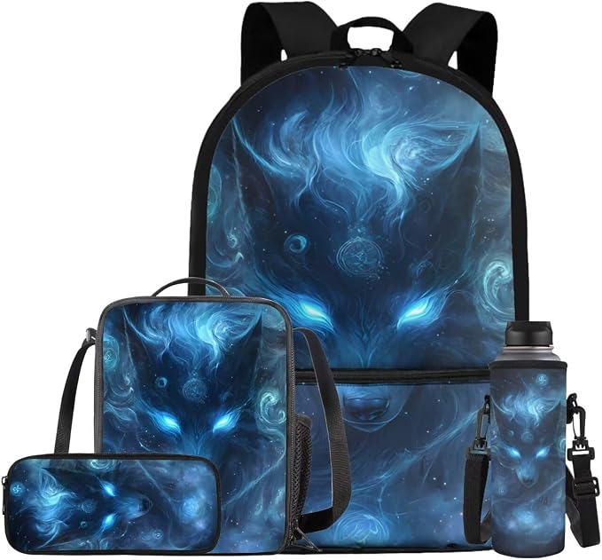 Galaxy Wolf Backpack for Kids Boys Backpack with Lunch Box Water Bottle Pouch and Soft Pencil Case 4PCS Set Large Capacity Bookbag with Front Pocket for School 17 inch Lightweight School Bag by ELEDIZI