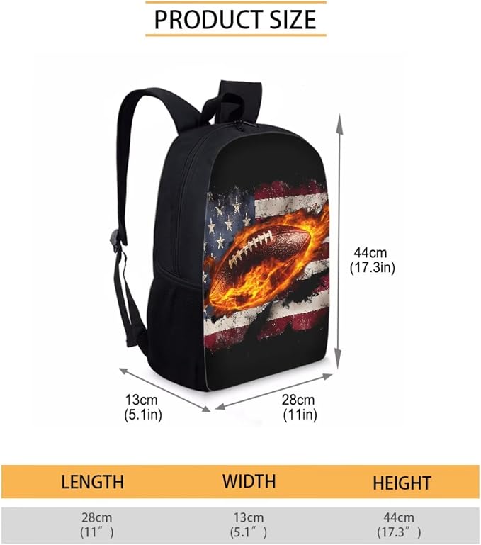 Retro American Flag Football Fire Print Children's Knapsack Set with Reusable Shoulder Lunch Bag, Boys Girls School or Travel Large Backpack Set 4th of July School Students Daypack - Image 2