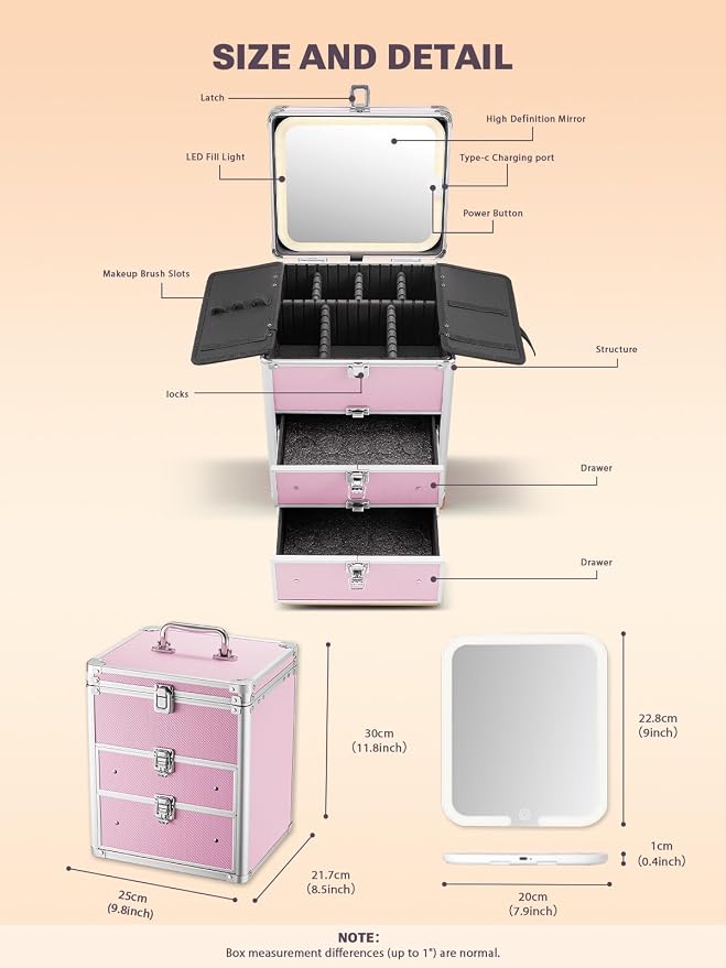 Qislee Makeup Box with Detachable Magnetic LED Mirror, Travel Train Case | Cosmetic Organizer, 2 Drawers for Skincare Products, Nail Polish, Waterproof Hard Makeup Case, Gift for Women, ICY Pink - Image 3