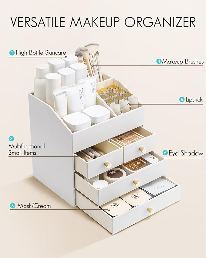 VLANDO Makeup Organizer,Vanity Organizer with Drawers, PU Leather Skincare Organizer Perfume Organizer,Large Cosmetic Display Case for Lipstick,Brushes Gifts for Women, White, 4 Layer - Image 3