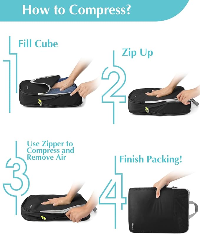 Gonex Compression Packing Cubes, 5pcs Expandable Storage Travel Luggage Bags Organizers with Laundry Bag (Black) - Image 7