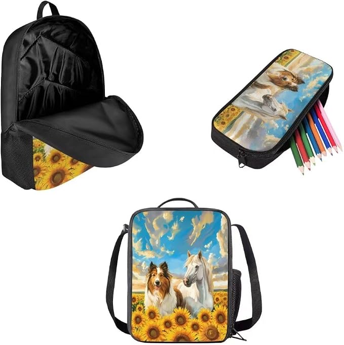 Mumeson Dog Sunflower Backpack Bookbags for Child Kids Lightweight Large Capacity Backpack Daypack + Thermal Insulated Lunch Bags + Lightweight Pencase Pencil Bags 3 Pack - Image 2