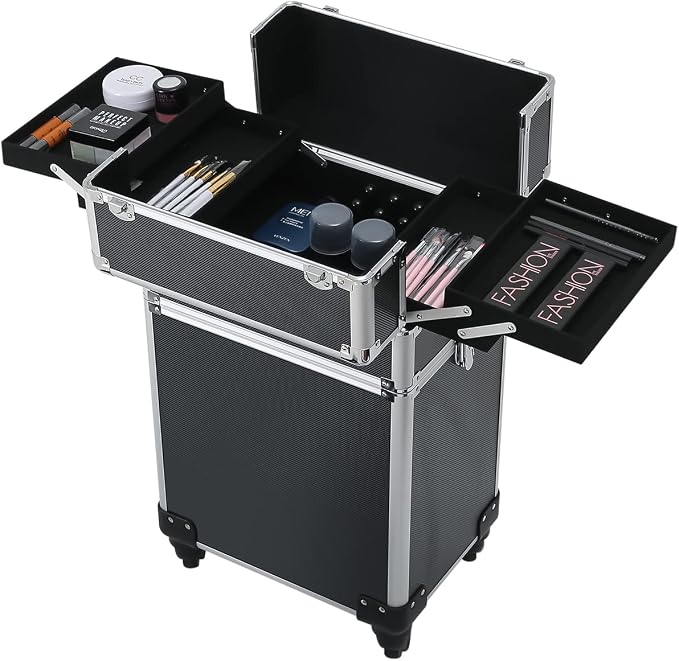 Karl home 4 in 1 Makeup Train Case Rolling Cosmetic Trolley Large Capacity Travel Organizer with Key 360°Swivel Wheels Suitcase for Beauticians Hairstylists Nail Tech Students, Black - Image 5