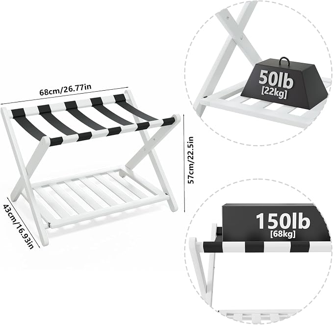 Smuxee Fully Assembled White Luggage Rack Pack of 2, Bamboo Foldable Suitcase Stand with 5 Nylon Straps, Luggage Holder with Shelf for Guest Room Bedroom Hotel - Image 6