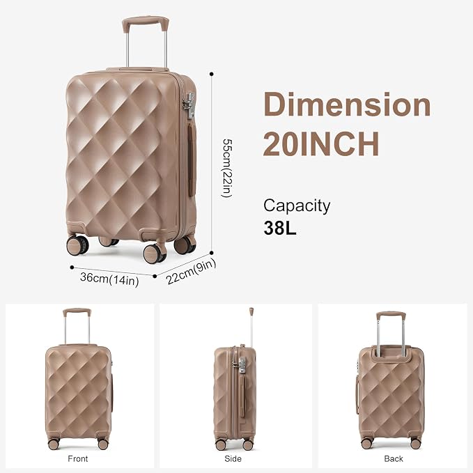 Somago Luggage Sets 20in Carry on Suitcase with TSA Lock YKK Zipper Spinner Wheels ABS Hardside Luggage 3 Piece Weekender Bags Travel Set, Khaki - Image 4