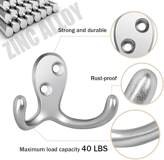 6 Pack Coat Hooks Wall Hooks for Hanging, Heavy Duty Double Prong Metal Hook Wall Mounted for Living Room, Bathroom, Kitchen, Bedroom for Coat, Bag, Scarf, Towel, Hat, Key, Cup (Silvery) - Image 4