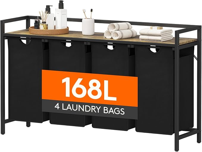 Lifewit Laundry Hamper 4 Section, 168L Pull out Laundry Clothes Basket Organizer with Large Top Shelf and 4 Removable Bags and Handles for Laundry Room Bedroom Bathroom, Black with A Shelf by Lifewit