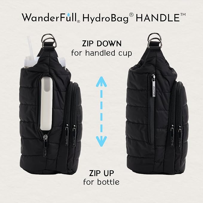 WanderFull Original HydroBag HANDLE®, Zipper for Handle, 40 oz Water Bottle Holder w/Strap, Mother’s Day Gift, Crossbody Carrier Bag w/Phone Pocket - Black Matte w/Vegan Leather Trimmed Strap - Image 7