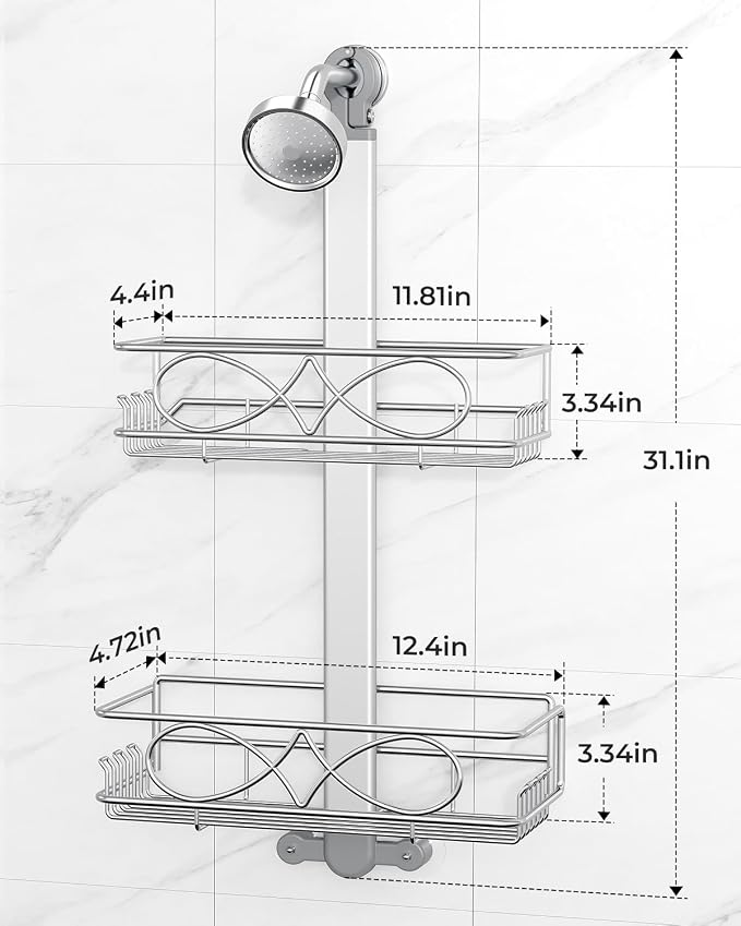 ODesign 2 Tier Aluminum Shower Caddy Rustproof Hanging Adjustable Silver | Shower organizer hanging,no drilling required,comes with removable hook and storage box, suitable for indoor showers - Image 2