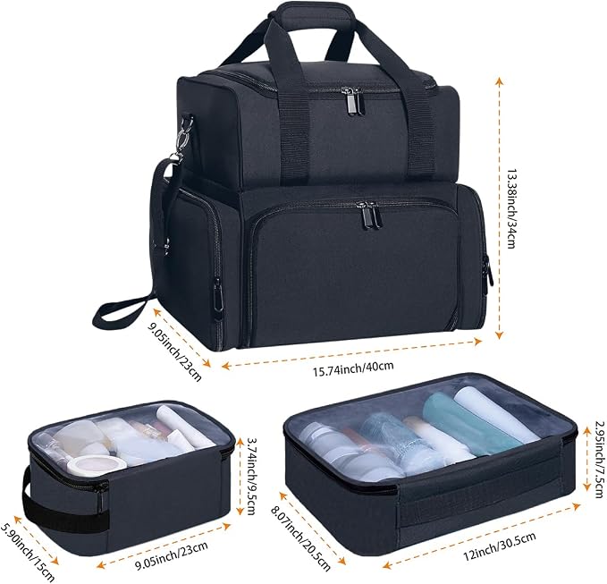 Large Makeup Bag Double Layer with 3 Removable Case,Black | Large Makeup Bag with 3 Removable Case and 2 Removable Dividers Double Layer Travel Cosmetic Makeup Brushes Storage Section - Image 2