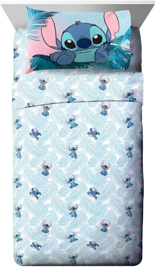 Jay Franco Kids Sheet Set with Fitted, Flat Sheets & Pillow Cover - Ultra-Soft Bedding with Pillowcase for Room Decor, Teal - Lilo & Stitch, 4 Piece Queen by JayFranco
