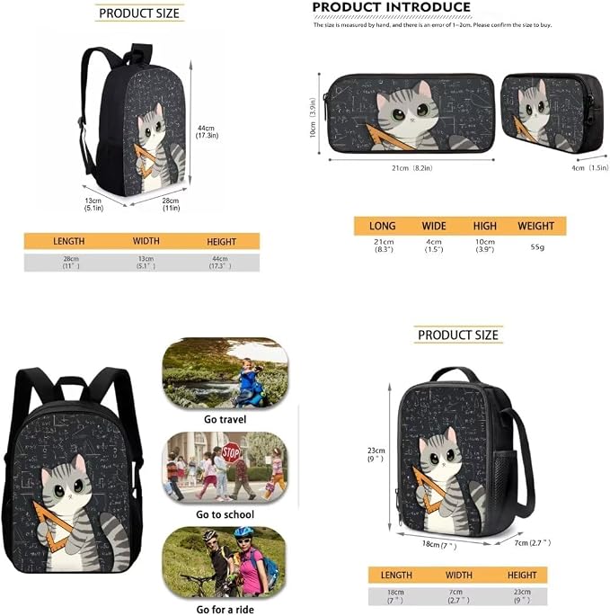Mumeson Child Backpack Cartoon Cat Print Bookbag Rucksack Schoolbags for Teen Boys Back to School Book Bags Set T-Rex School Bags with Insulated Thermal Lunch Box and Portable Pencase - Image 5