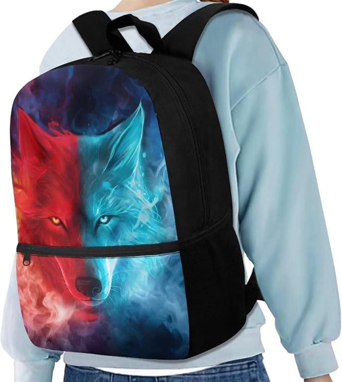 Fire Wolf Backpack for Boys Kids Backpack with Lunch Box Water Bottle Carrier and Large Pencil Case 4PCS Set Bookbag with Front Pocket for School Teens 17 inch Lightweight School Bag for Girls - Image 2