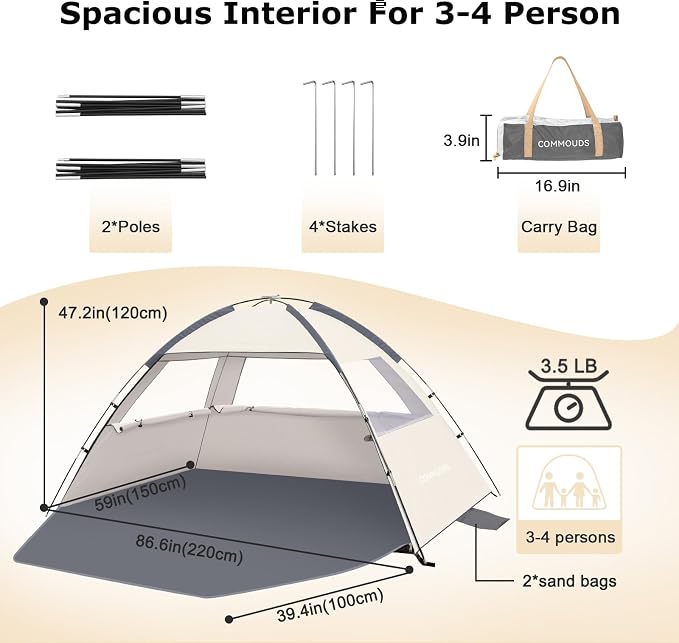 COMMOUDS Beach Tent Sun Shelter for 3/4/6/8 Person, UPF 50+ UV Protection Beach Shade Canopy Tent, Lightweight, Easy Set Up and Carry - Image 2