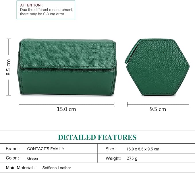 Hiram Genuine Leather Saffiano Leather Watch Roll Travel Case, Leather 2-Watches Roll Case for Treasured Watches and Bracelets(Green) - Image 2