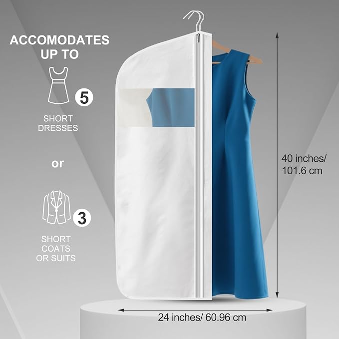 40" 100% Organic Cotton Garment Bags for Hanging Clothes and Storage, Breathable Clothes Covers with Viewing Window and Card Pocket for Short Dresses, Jackets, Suits - Image 3