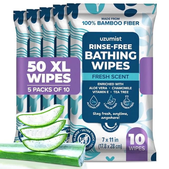 Body Wipes for Adults Bathing No Rinse 50pc XL - Ultra Thick Shower Travel Wipes for Personal Cleansing & Hygiene Essentials, Elderly Care, Incontinence Disposable Washcloths for Women Men