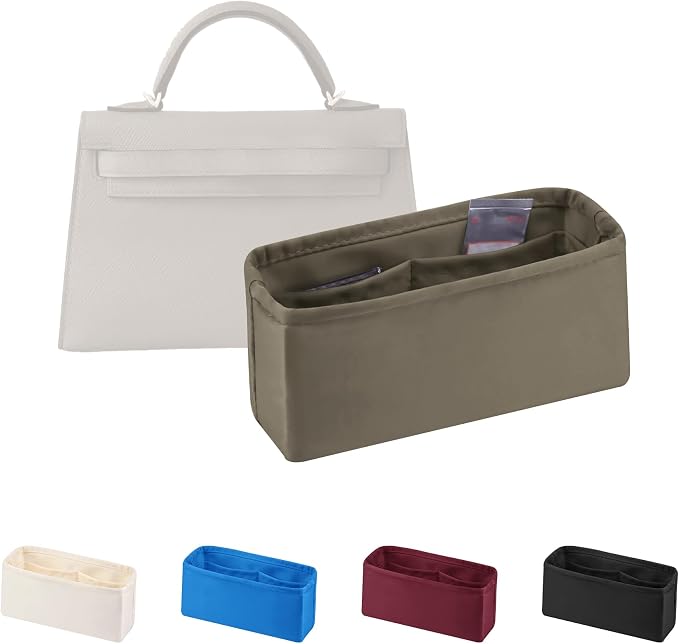 Women's Purse Organizer Insert - Satin & Lightweight Fabric with Inside Pockets, Portable for Commute, Travel, Shopping, and Evening, Multicolor Options, Fits for Kelly Mini II(Etoupe grey, Mini II) by KINGSINBAG