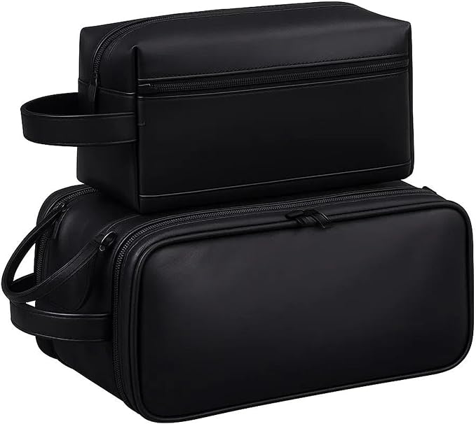2 Pack Men's Toiletry Bag Pu,Travel Toiletry Organizer, Waterproof Shaving Kit Pouch For storing daily essentials like toiletries and cosmetics,Black (Leather Black) by LAZYTAIL