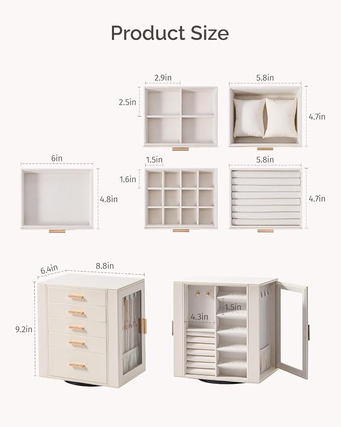 CASEGRACE 360° Rotating Jewelry Box Organizer, Jewelry Storage with 5 Drawers, Clear Window, Jewelry Display Case for Bracelets, Necklaces, Earrings, Rings, White - Image 7