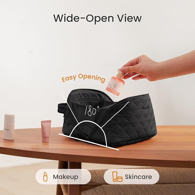 LOVEVOOK Travel Makeup Bag for Women, 2Pcs Puffer Waterproof Cosmetic Organizer, Large Capacity Pouch Open Flat Small Toiletry Bag with Brush Compartment & Handle (Black, Medium) - Image 2