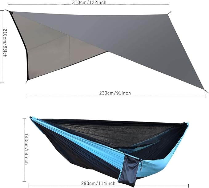 Camping Hammock with Mosquito Net Rain Fly Heavy Duty Tree Strap Nylon Parachute Single Double Hammock Tent Waterproof Rainfly Set for Camping Backpacking Backyard Patio Hiking Travel Outdoor - Image 5