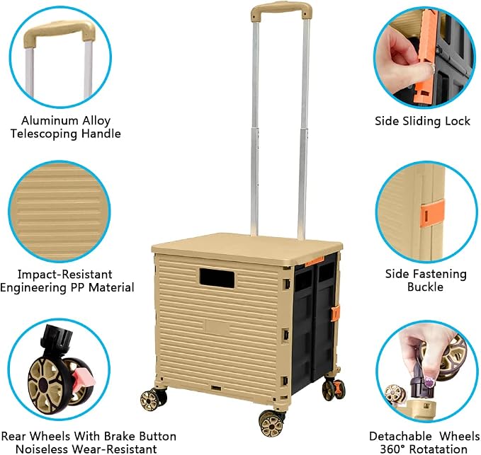 FELICON SELORSS Foldable Utility Cart Folding Portable Rolling Crate-Khaki | Durable,Heavy Duty,Plastic Box,Telescoping Handle,4 Rotate Wheels,Collapsible Handcart for Travel Shop Move Luggage Office - Image 2