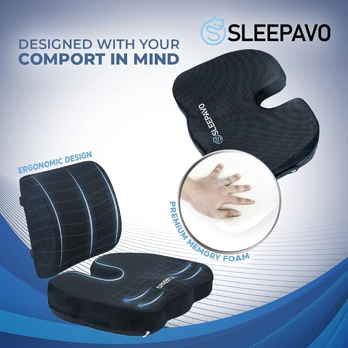 Sleepavo Memory Foam Seat Cushion for Office Chair-Orthopedic Back and Butt Pillow for Sciatica Tailbone Coccyx Hip Pain Relief for Sitting, Gaming, Desk, Car, Airplane-Padded Lumbar Support Pillow - Image 6