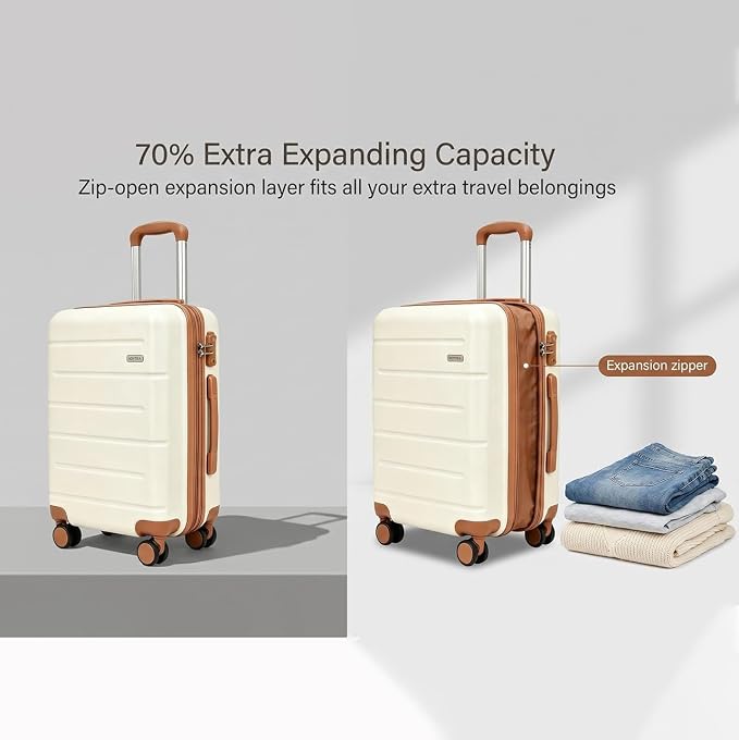 3-Piece Luggage Set with Carry On Luggage Set 22x14x9 Airline Approved, ABS Hardside Suitcase with 8 Spinner Wheels & TSA Lock, Expandable Suitcase for Men & Women (20/TB/DB Beige) - Image 2