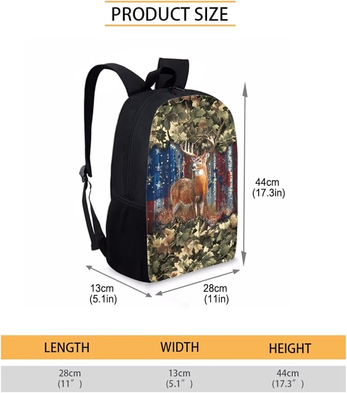 Camo Forest American Flag Deer Print Kids School Bookbag Set Patriotic Decor, Boys Girls Back to School Large Backpack Set, 3 Pcs Lightweight Schoolbag Set with Lunch Bag and Pen Bag - Image 2