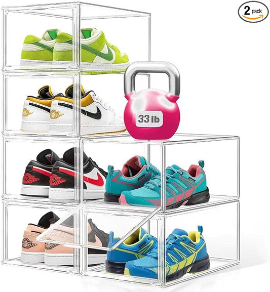 2 Pack Drop Front Acrylic Shoe Boxes with Magnetic Door Fit US Size 12, Clear Stackable Shoe Organizer for Closet, Entryway, Underbed, Multiple Display Cases for Hats, Figures, Sneakers by EDSFAM