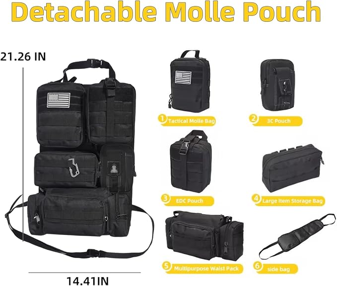 Tactical Car Seat Back Organizer,Tactical Molle Seat Back Organizer with 6 Detachable Molle Pouch,Universal Fits for Car Truck Jeep Vehicle - Image 2