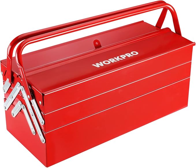 WORKPRO Metal Tool Box, 18-inch Cantilever Folding Red Storage Box, 3-Layer 5-Tray Multi-Function Tool Organizer, Red by WORKPRO