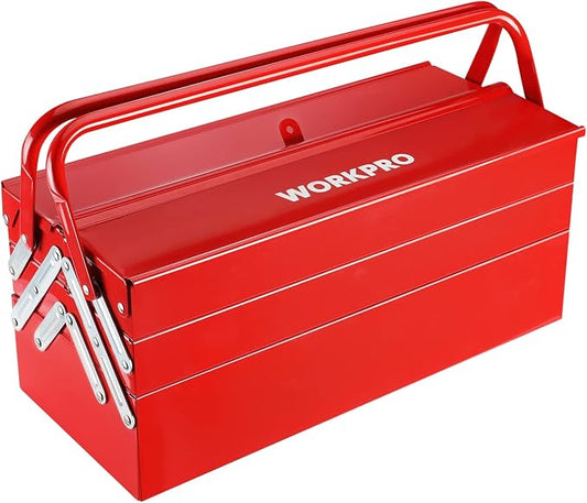WORKPRO Metal Tool Box, 18-inch Cantilever Folding Red Storage Box, 3-Layer 5-Tray Multi-Function Tool Organizer, Red by WORKPRO