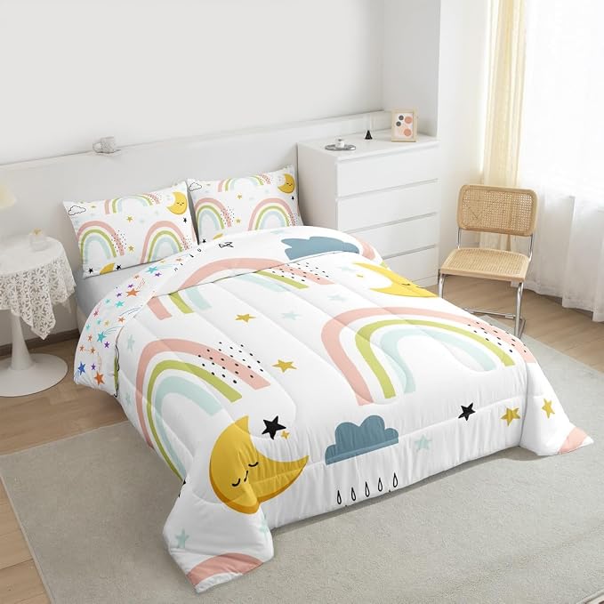 Erosebridal Girls Rainbow Quilt King Size, Cute Stras Moon Comforter Set Cartoon Kawaii Bedding Set for Kids Boys Room Decor, Cartoon Rainbow Ripple Duvet Insert Iridescent Girly Down Comforter 3Pcs - Image 4