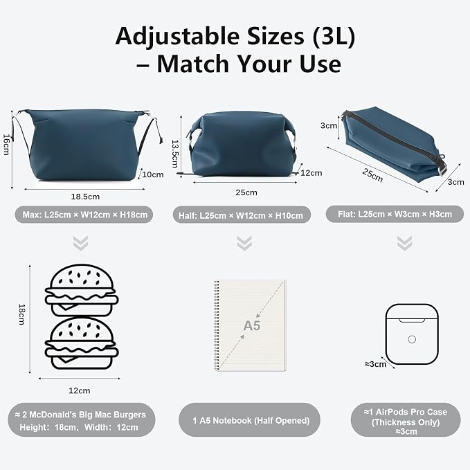 Vomgomfom 3L 6.5 Inch Silicone Toiletry Bag, Waterproof Leakproof Travel Cosmetic Organizer, Adjustable G-Buckle Compression Dopp Kit, Foldable Makeup Bag for Women & Men, Navy - Image 4
