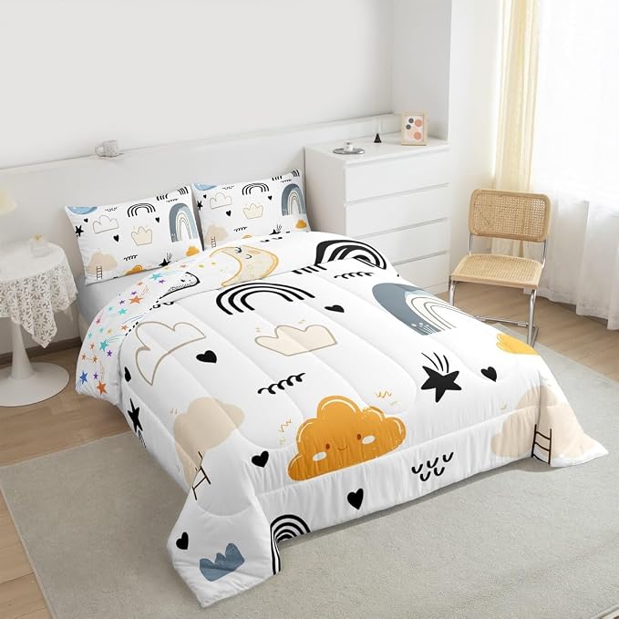Erosebridal Cartoon Rainbow Comforter Set, Kids Kawaii Cartoon Sun Cloud Duvet Insert King, Love Heart Quilt for Boys Girls Children Teens, Hand Drawn Rainbow Bedding Set Soft Microfiber Comforter - Image 4