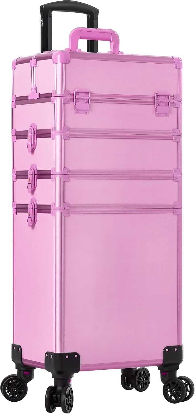 Rolling Makeup Train Case with Lid Cosmetology Case on Wheels | 5 in 1 Large Cosmetic Trolley Organizer Travel for Hairstylist Artist Nail Beauty Salon Barber Cart Trunk, Pink - Image 9