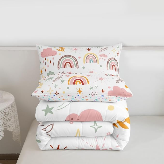 Erosebridal Girls Rainbow Quilt & 2 Pillow Cases, Pink Love Heart Comforter Set King Size Cartoon Rainbow Bedding Set Kawaii Decor, Hand Drawn Iridescent Duvet Insert for Kids Boys Teens Adult Women - Image 7