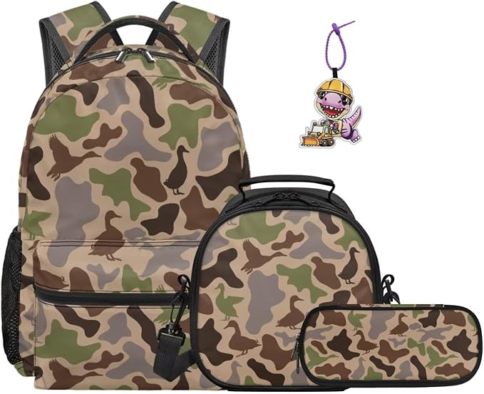 Duck Hunting Camo Boys Backpack Set 4-Piece, Waterproof Camouflage School Bag with Insulated Lunch Box & Pencil Case, Lightweight Outdoor Bookbag for Kids Ages 5-12 Grades K-5 by Dremagia