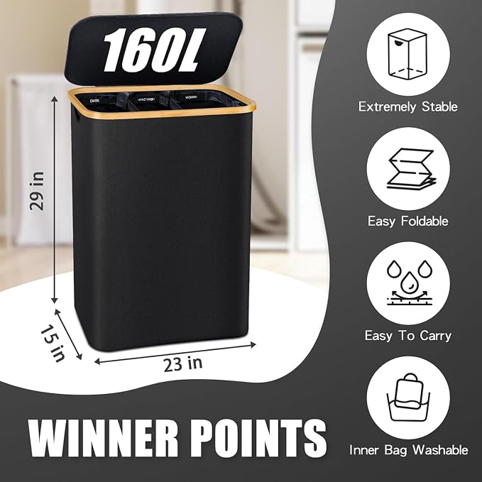 Hampers for Laundry Basket with Lid, 160L Large Laundry Hamper 3 Section | Dirty Clothes Hamper Separator with 3 Removable Bags & 5 Labels, Divided Laundry Organizer for Bedroom, Laundry Room, Black - Image 6