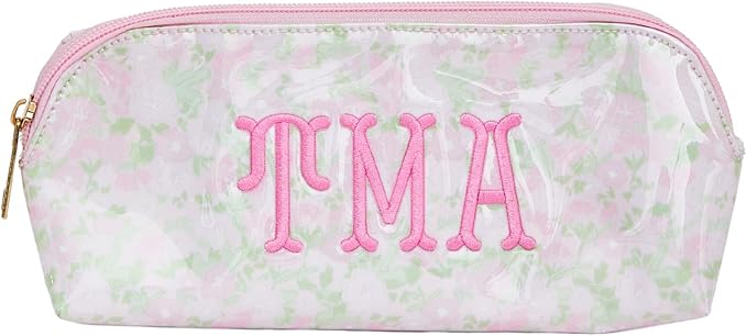 Personalized Clear Coated Pouch - Medium or Large Toiletry Bag with Embroidered or Applique Monogram, Custom Makeup or Travel Organizer, Easy-Clean Cosmetic Bag, Travel Gift for Women (Peony, Mini) by Sprinkled+With+Pink