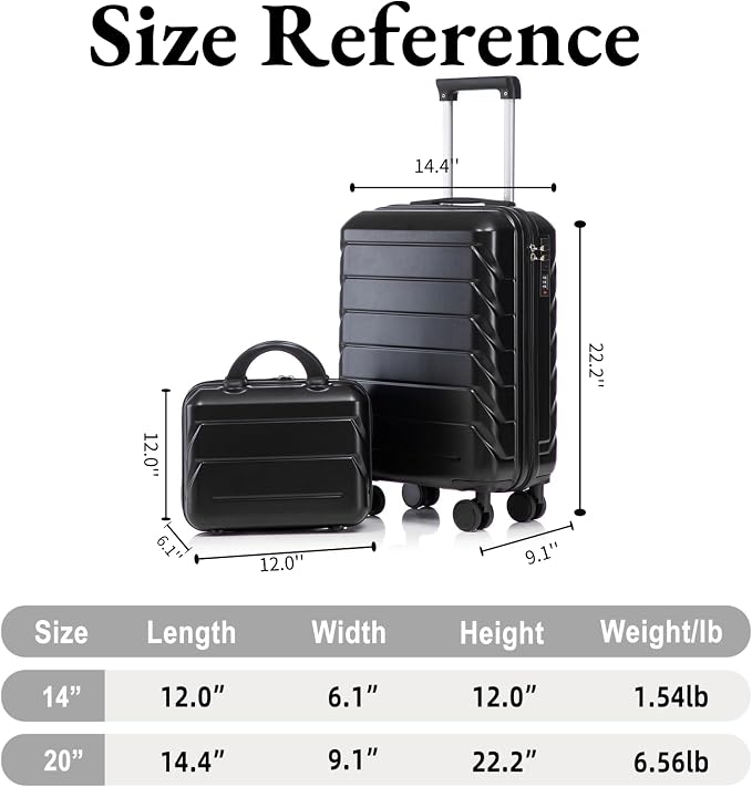 2-Piece ABS Hard Shell Lightweight Carry-On Luggage Set (14" & 20"), 360-Degree Spinner Wheels, Adjustable Telescopic Handle and Combination Lock for Travel, Black - Image 6
