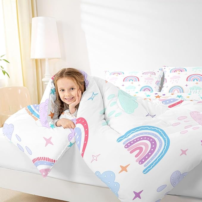 Rainbow Comforter Set For Kids, Pink Love Heart Duvet Insert Queen Size, Kawaii Clouds Quilted Duvet For Girls Boys Children Bedroom Decor, Hand Drawn Iridescent Stripes Quilt, White Pink Blue - Image 6