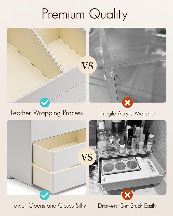 VLANDO Makeup Organizer for Vanity,Large Capacity Countertop Organizer with Drawers, PU Leather Cosmetic Display Case for Lipstick,Brushes,Skincare,Nail polish and Bedroom Storage (White) - Image 6